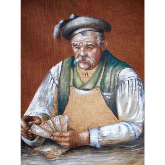 Rare Antique European Card Playing Gambling Man Painting on Fabric - Picture 2 of 5